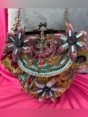 Mary Frances Vintage Olive & Mauve Floral Beaded Clutch, NWT